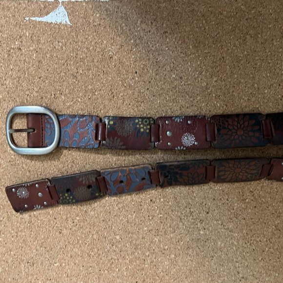 Vintage Leather Floral Stamped and Link Patchwork Style Belt Hippie Boho sz L - Picture 10 of 10